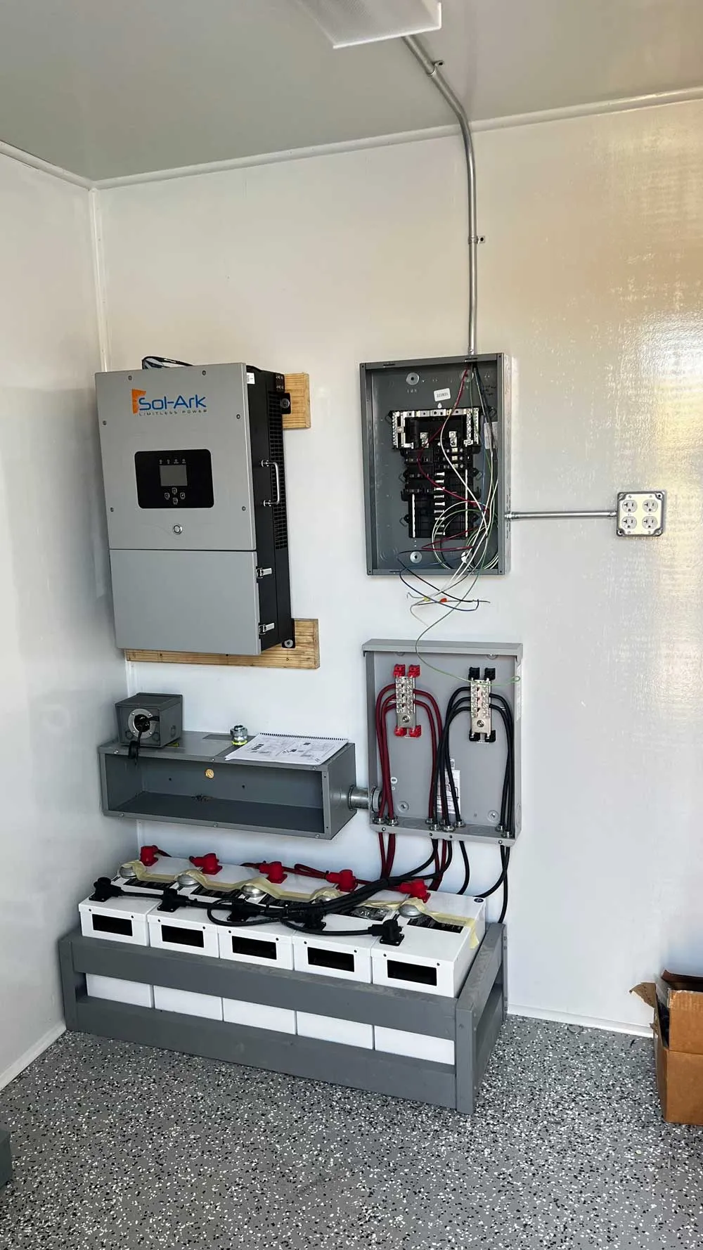 A battery and inverter system wired beside breaker boxes
